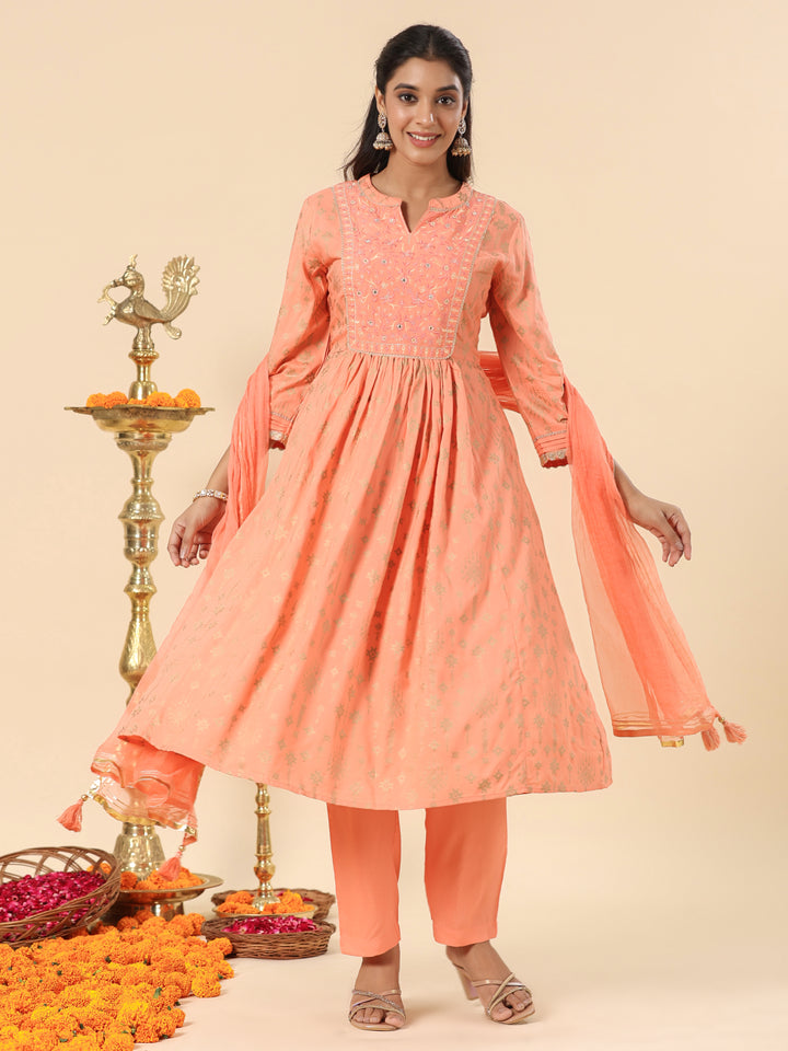 Peach Designer Festive Gathered Kurta Pant Set With Dupatta