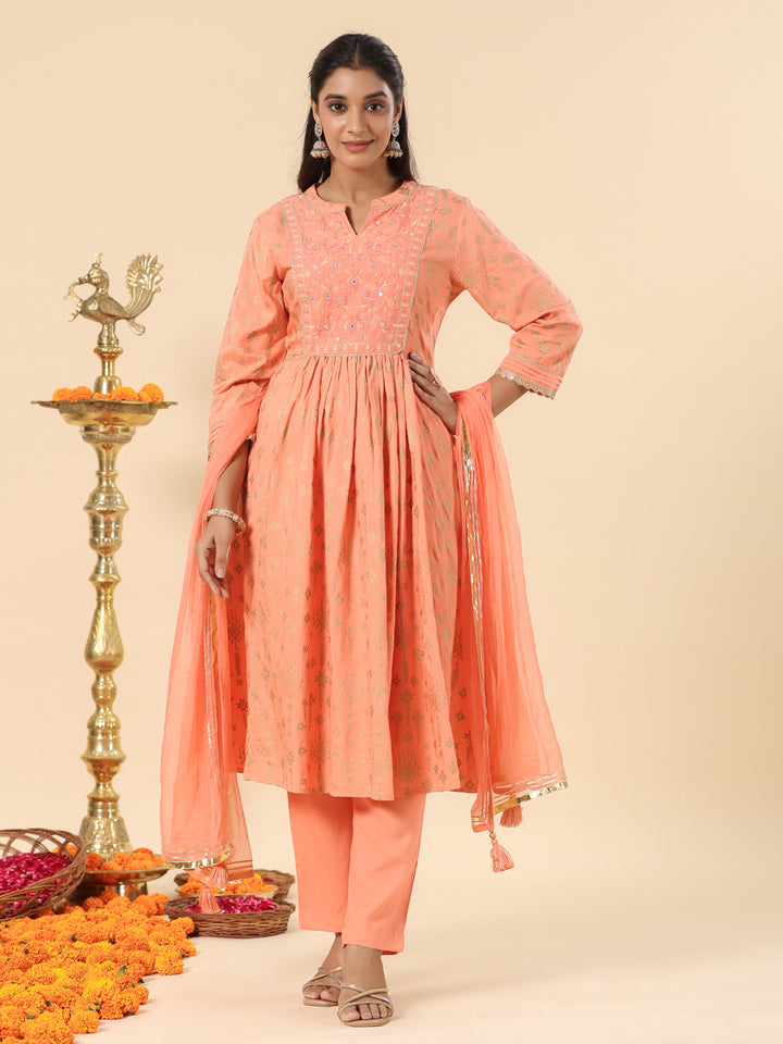Peach Designer Festive Gathered Kurta Pant Set With Dupatta