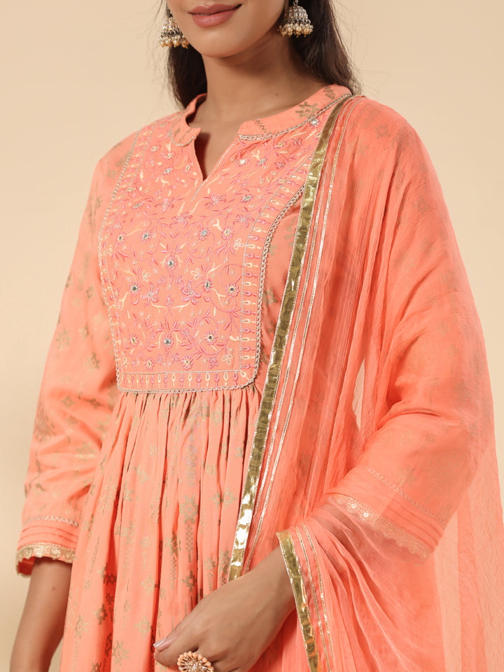 Peach Designer Festive Gathered Kurta Pant Set With Dupatta