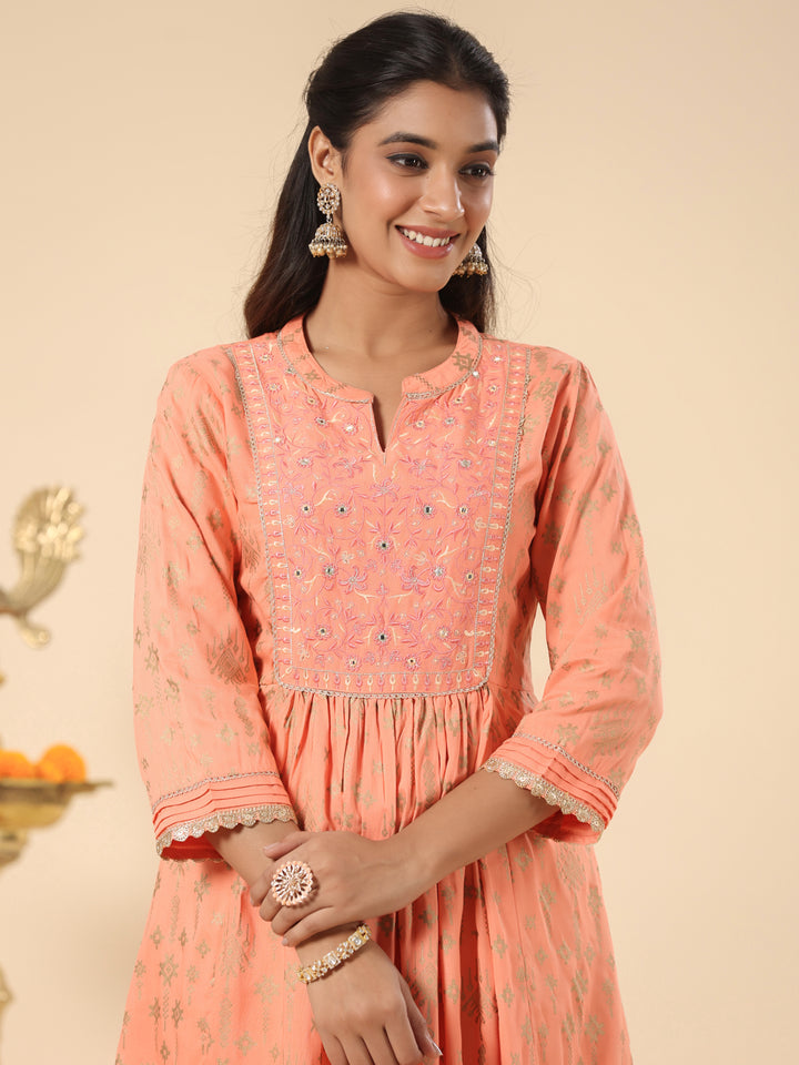 Peach Designer Festive Gathered Kurta Pant Set With Dupatta
