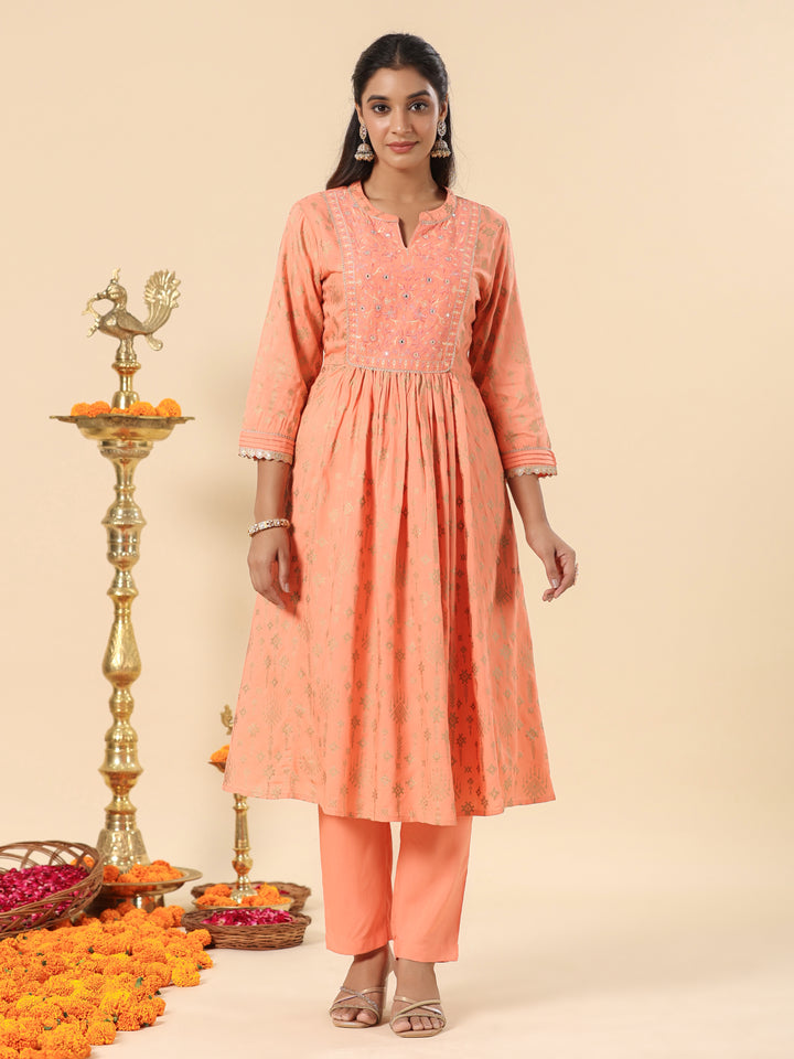 Peach Designer Festive Gathered Kurta Pant Set With Dupatta