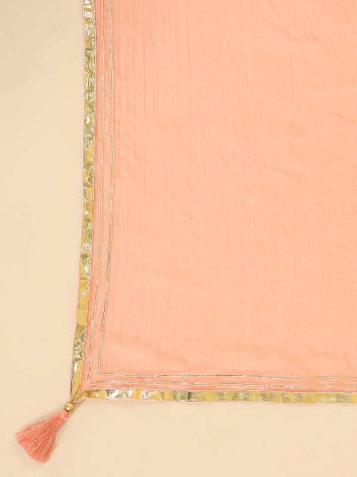 Peach Designer Festive Gathered Kurta Pant Set With Dupatta