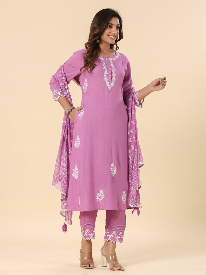 Lavender Heavy Embroidered Designer A-Line Kurta Pant Set With Dupatta