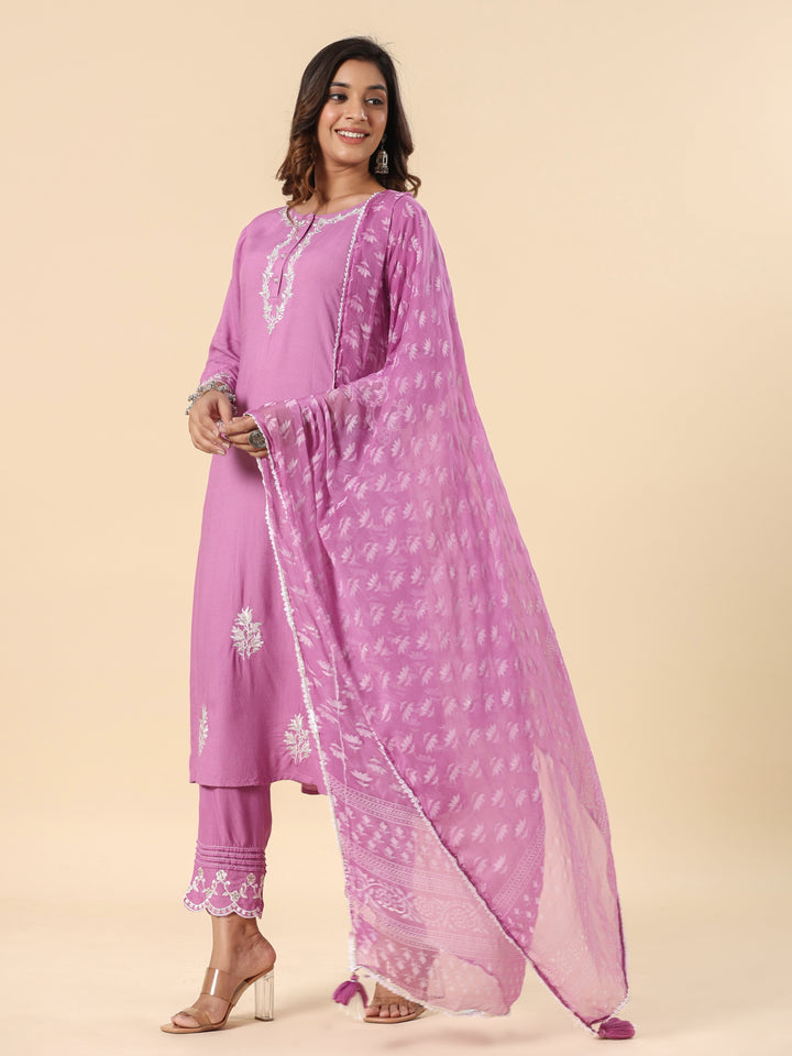 Lavender Heavy Embroidered Designer A-Line Kurta Pant Set With Dupatta