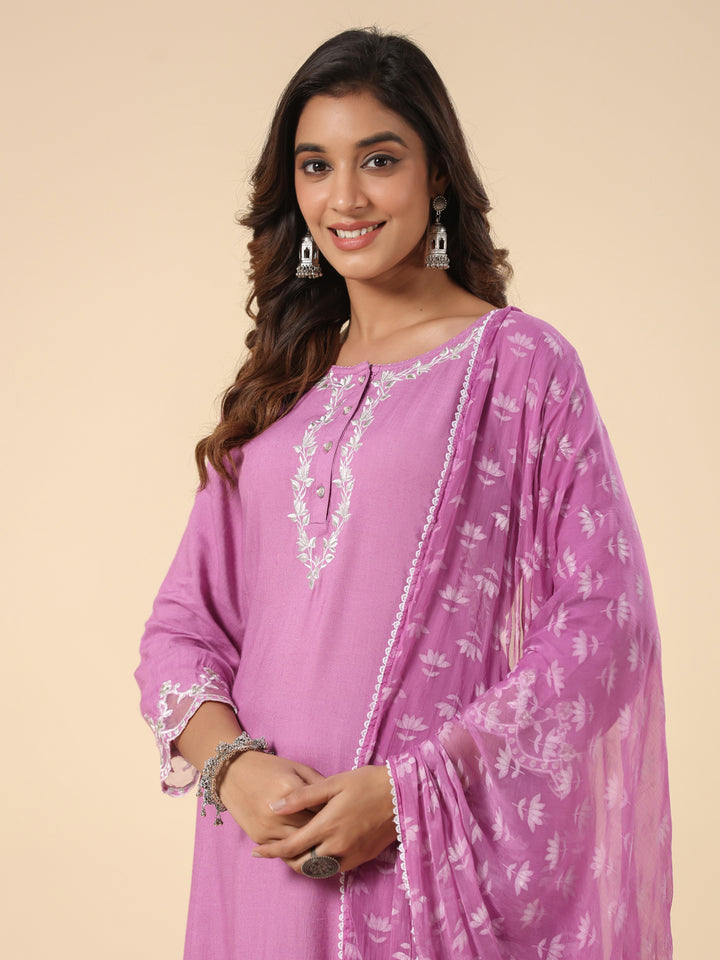 Lavender Heavy Embroidered Designer A-Line Kurta Pant Set With Dupatta