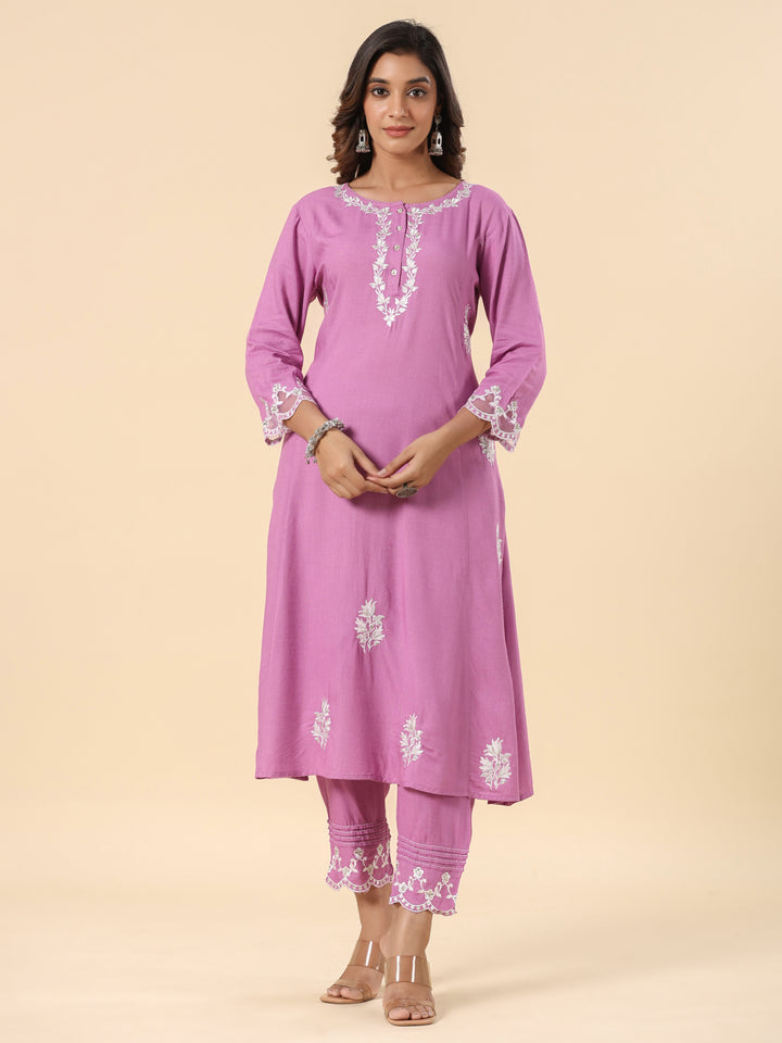 Lavender Heavy Embroidered Designer A-Line Kurta Pant Set With Dupatta