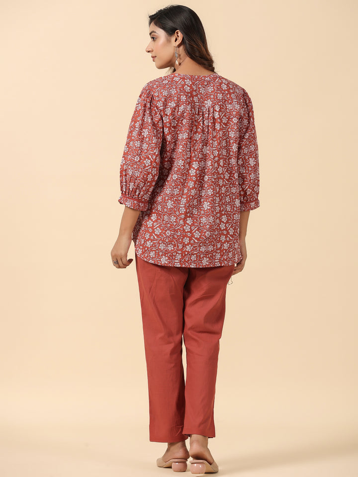 Rust Cotton Printed Detailed Co-Ord Set