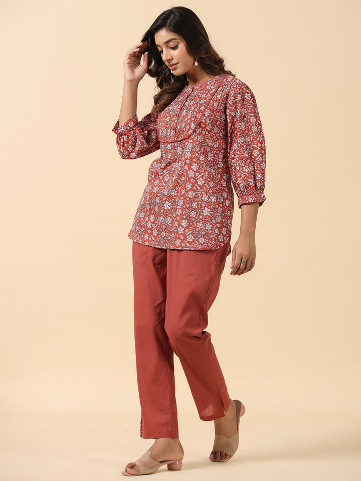Rust Cotton Printed Detailed Co-Ord Set