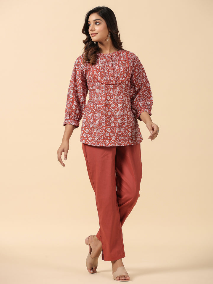 Rust Cotton Printed Detailed Co-Ord Set