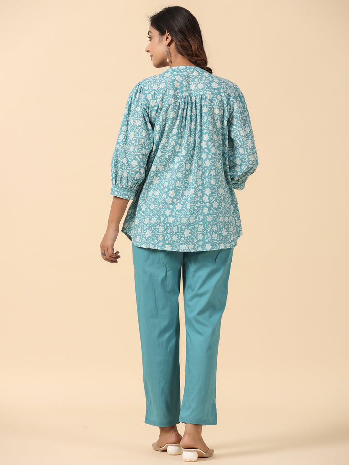 Blue Cotton Printed Detailed Co-Ord Set