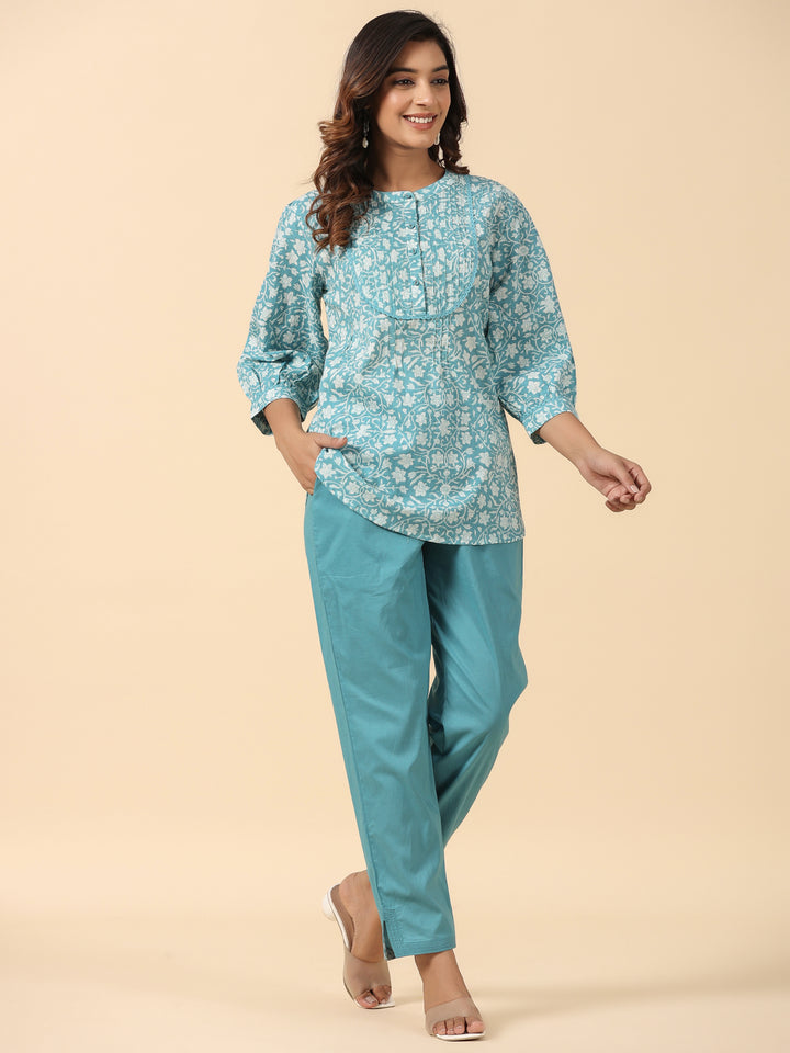 Blue Cotton Printed Detailed Co-Ord Set