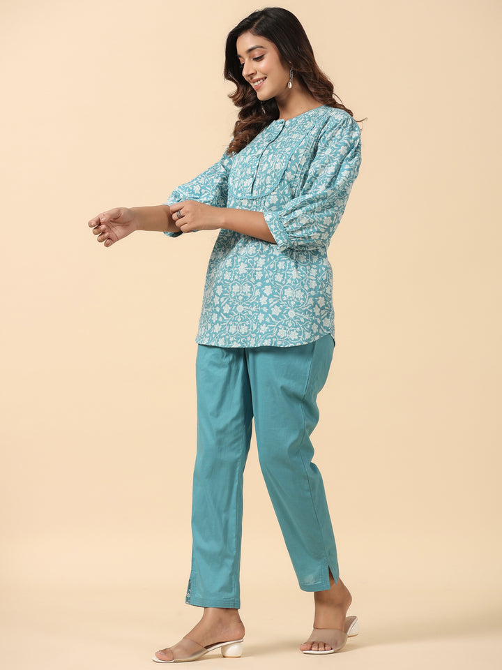 Blue Cotton Printed Detailed Co-Ord Set