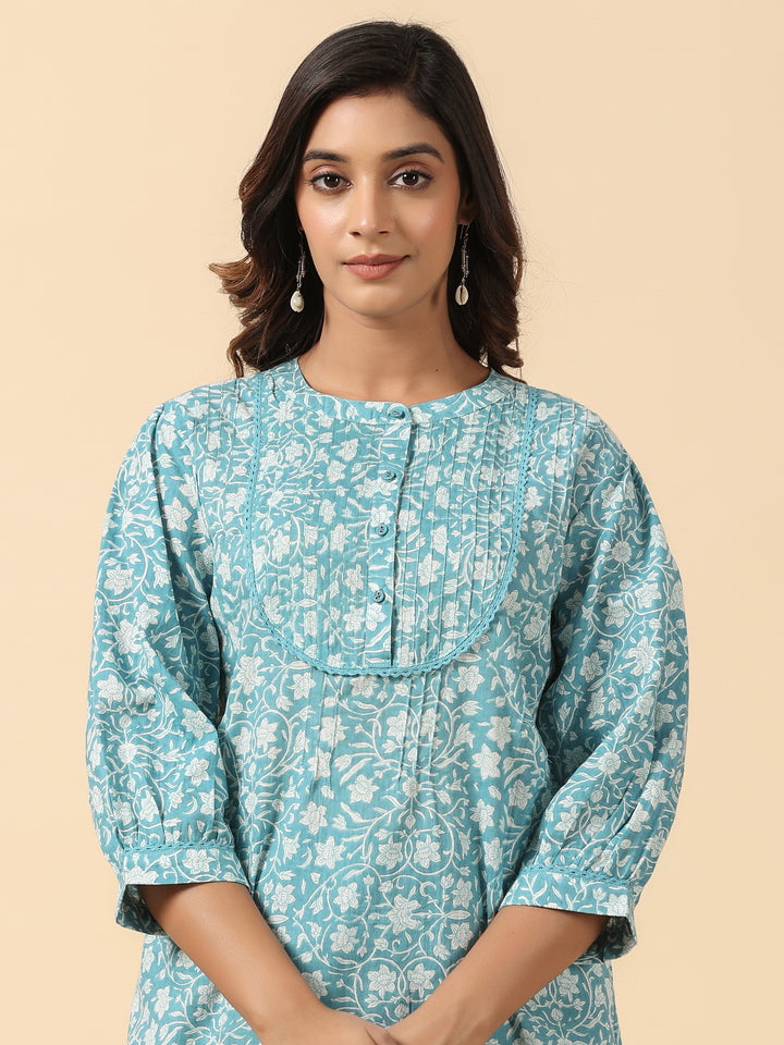 Blue Cotton Printed Detailed Co-Ord Set