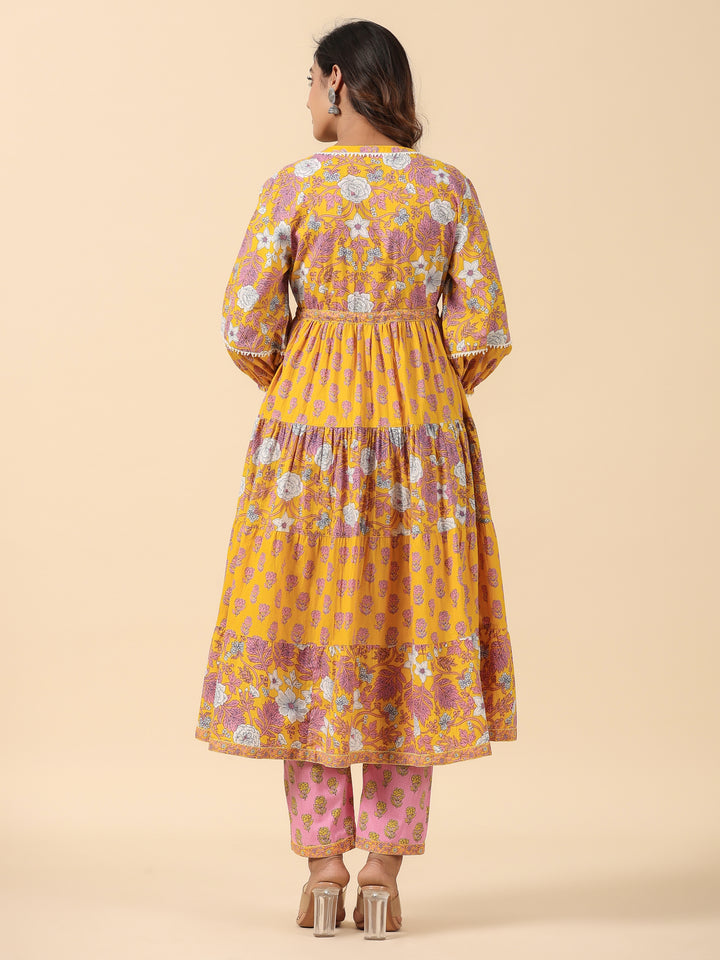 Yellow and Pink Floral Cotton Co-Ord Set With Shrug