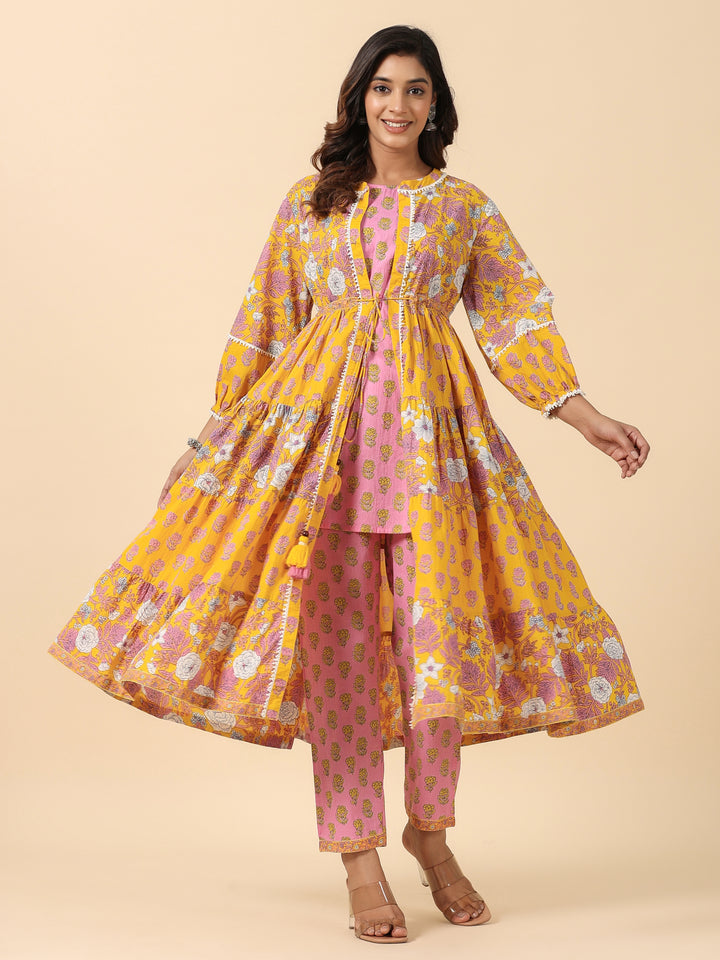 Yellow and Pink Floral Cotton Co-Ord Set With Shrug