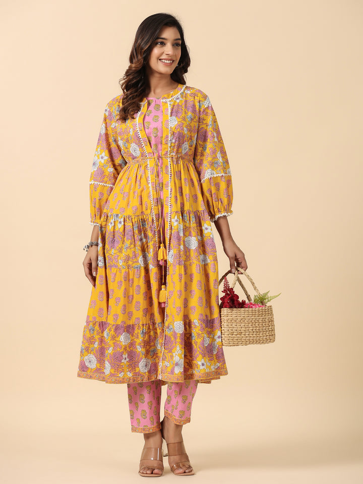 Yellow and Pink Floral Cotton Co-Ord Set With Shrug