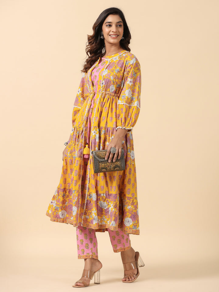 Yellow and Pink Floral Cotton Co-Ord Set With Shrug