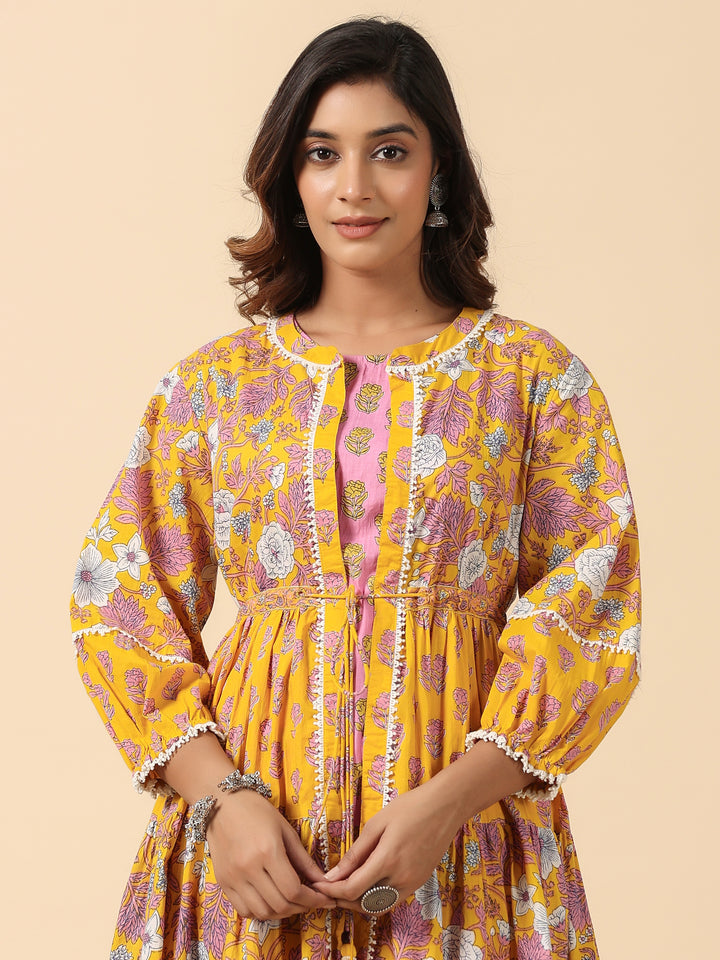 Yellow and Pink Floral Cotton Co-Ord Set With Shrug