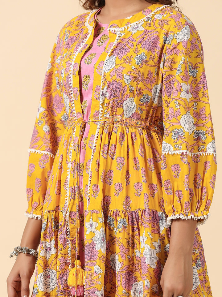 Yellow and Pink Floral Cotton Co-Ord Set With Shrug
