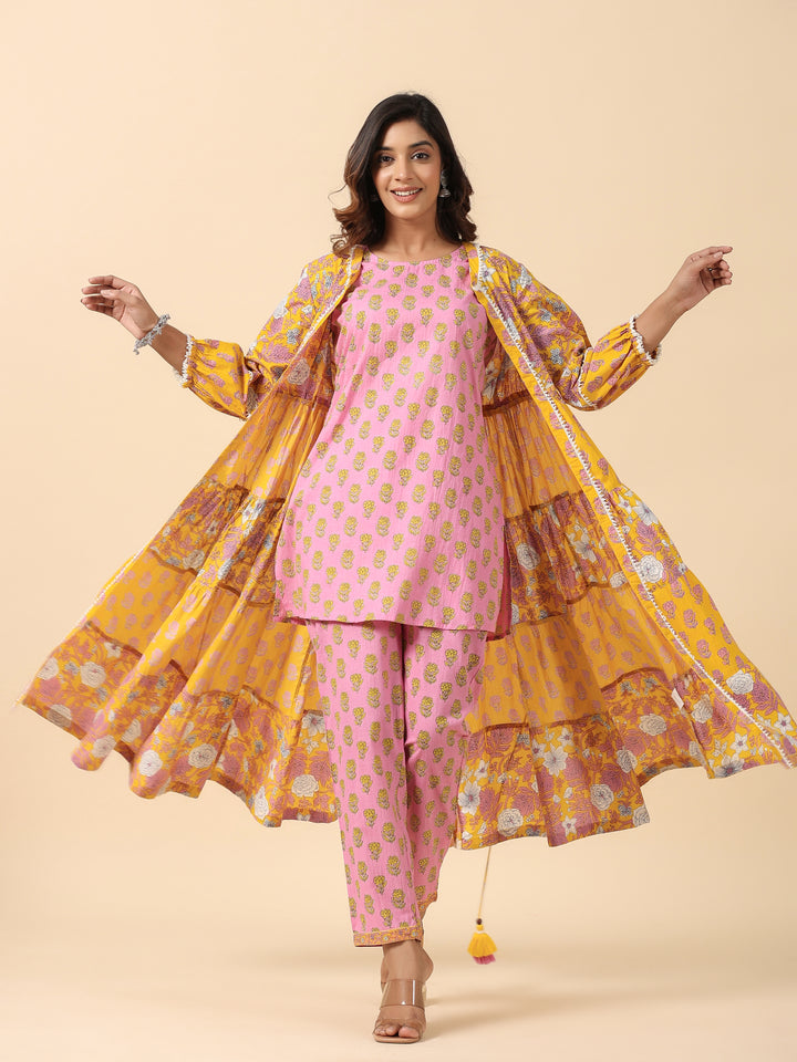 Yellow and Pink Floral Cotton Co-Ord Set With Shrug