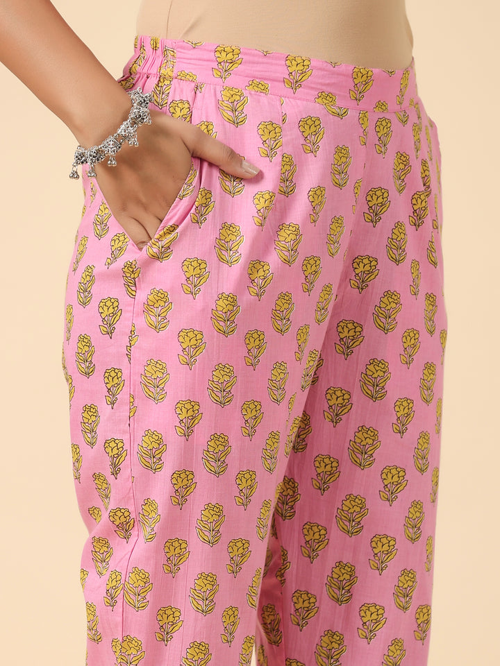 Yellow and Pink Floral Cotton Co-Ord Set With Shrug