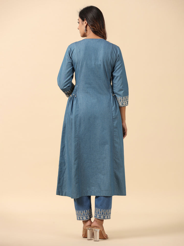 Blue Cotton Blend Embroidered Work Embroidery A-Line Kurta With Trouser