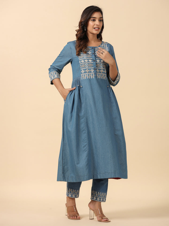 Blue Cotton Blend Embroidered Work Embroidery A-Line Kurta With Trouser