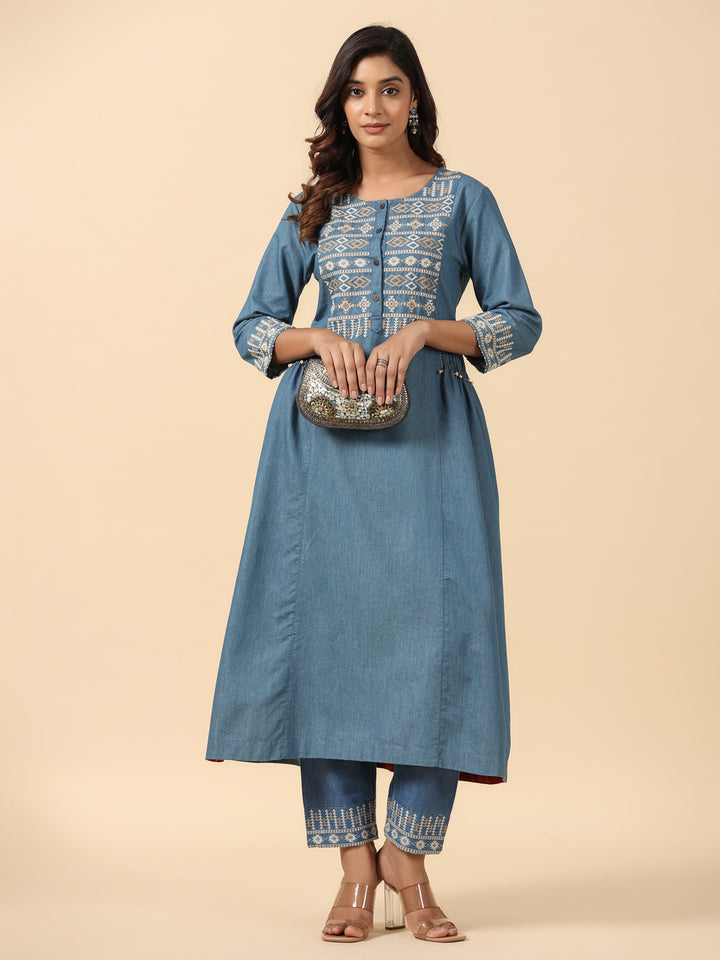 Blue Cotton Blend Embroidered Work Embroidery A-Line Kurta With Trouser