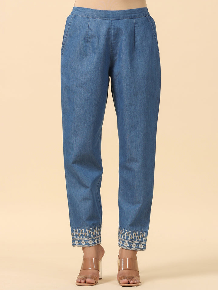 Blue Cotton Blend Embroidered Work Embroidery A-Line Kurta With Trouser