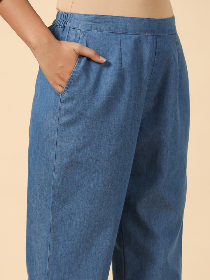 Blue Cotton Blend Embroidered Work Embroidery A-Line Kurta With Trouser