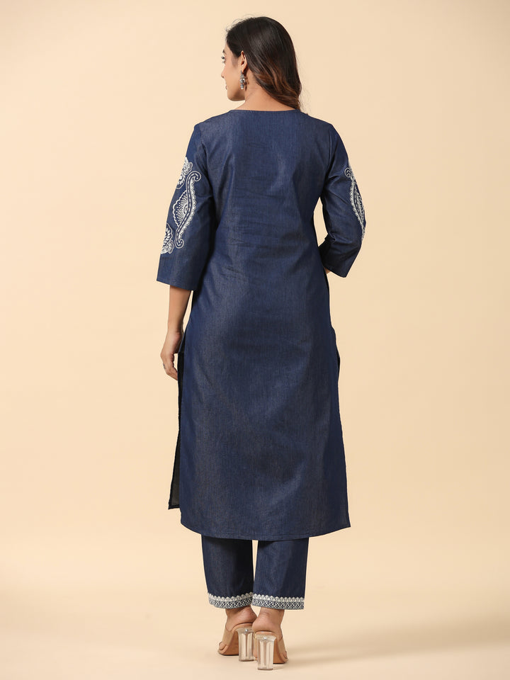 Dark Blue Embroidered Denim Straight  Kurta
