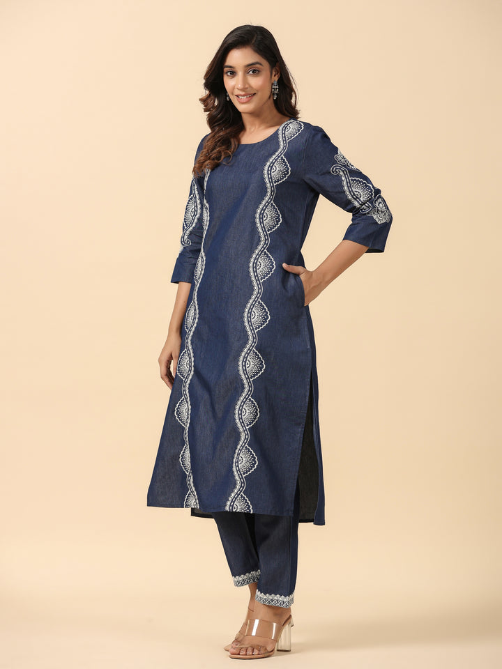 Dark Blue Embroidered Denim Straight  Kurta