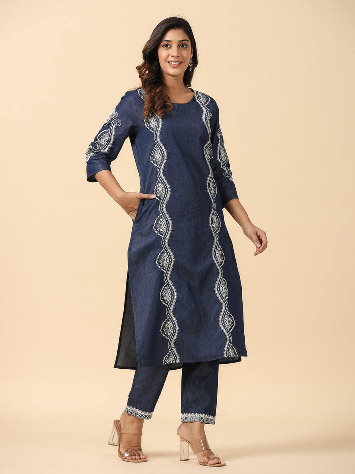 Dark Blue Embroidered Denim Straight  Kurta
