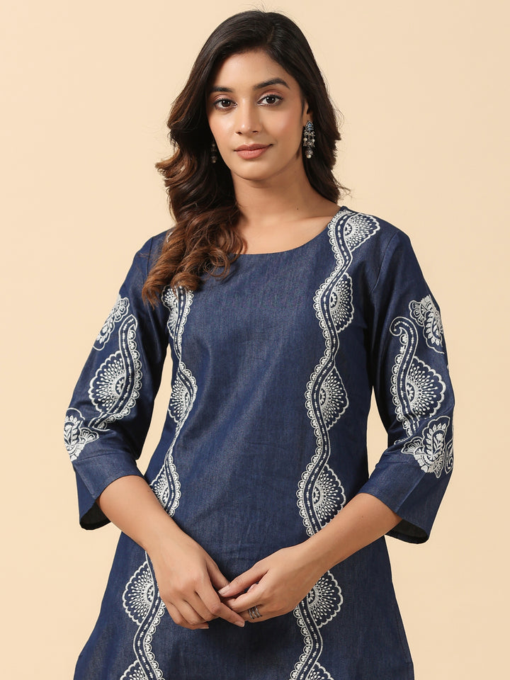 Dark Blue Embroidered Denim Straight  Kurta
