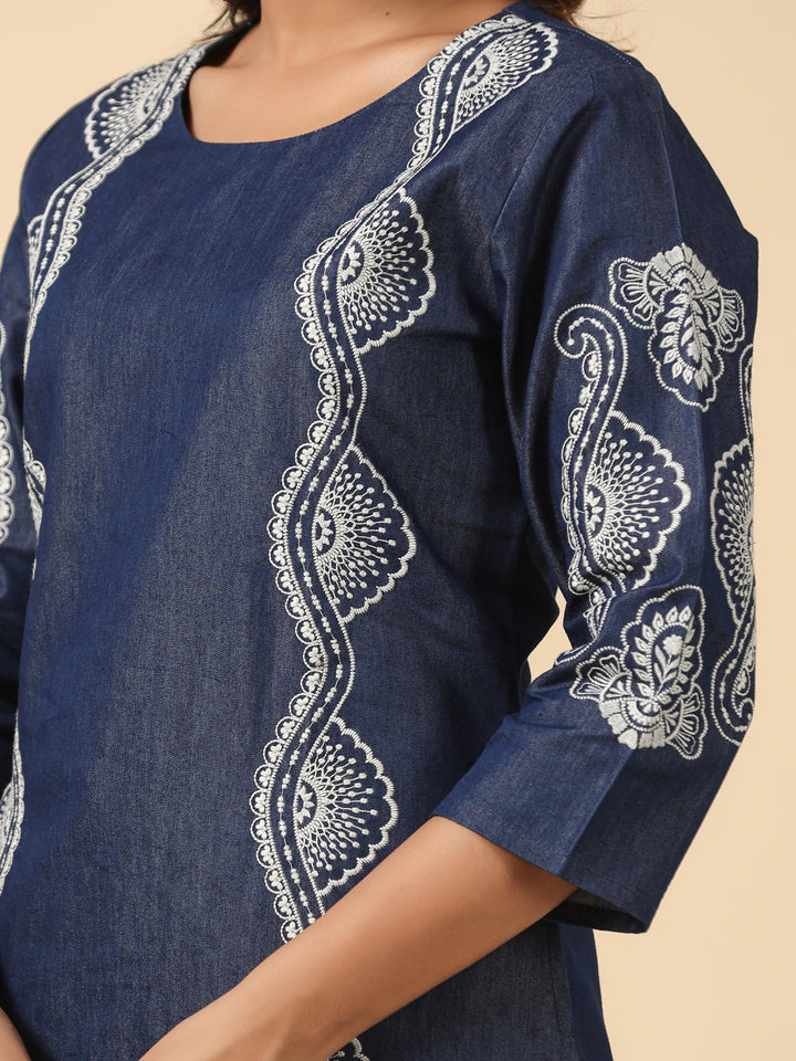Dark Blue Embroidered Denim Straight  Kurta