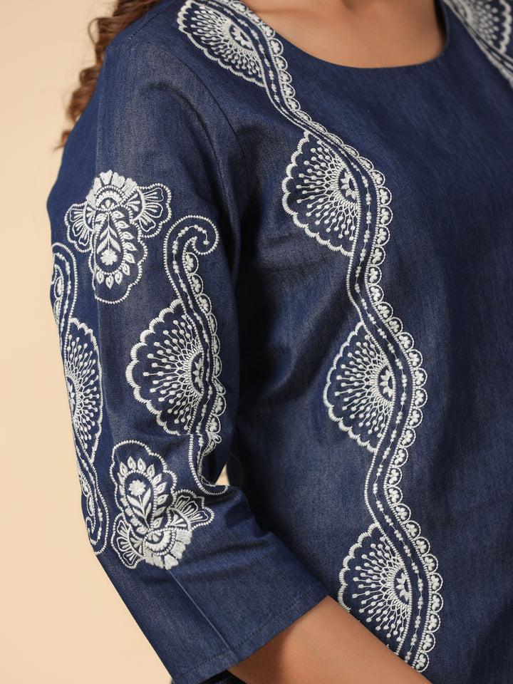 Dark Blue Embroidered Denim Straight  Kurta