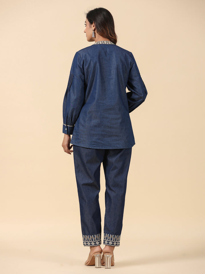 Denim Dark Blue Embroidered Mandarin Collar Top