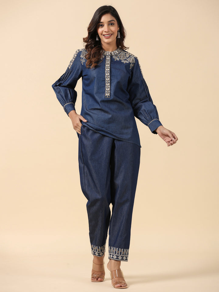 Denim Dark Blue Embroidered Mandarin Collar Top
