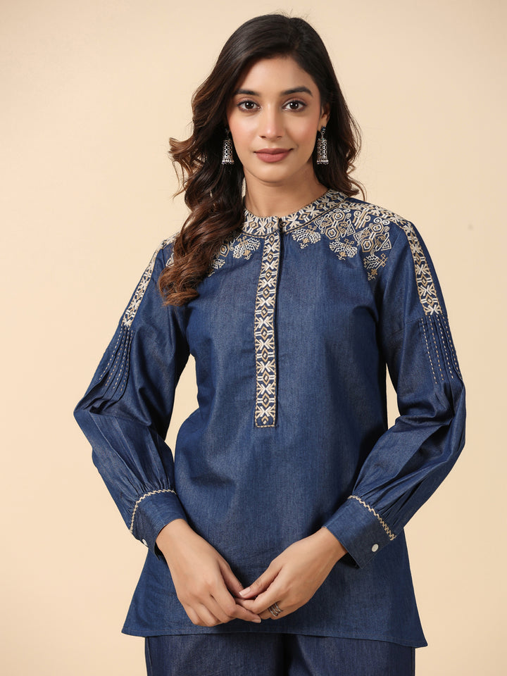 Denim Dark Blue Embroidered Mandarin Collar Top