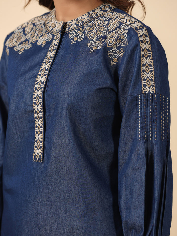 Denim Dark Blue Embroidered Mandarin Collar Top