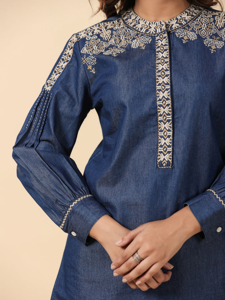 Denim Dark Blue Embroidered Mandarin Collar Top