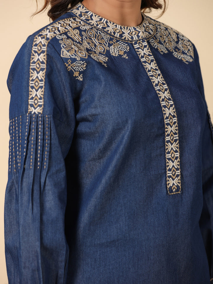 Denim Dark Blue Embroidered Mandarin Collar Top