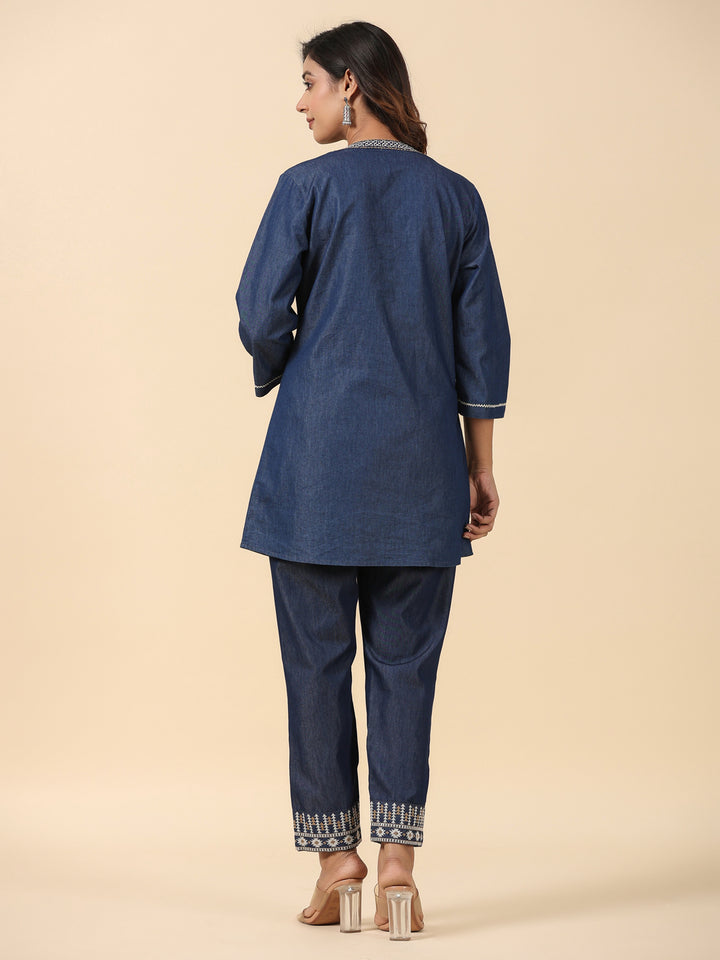 Denim Blue Embroidered Co-Ord Set