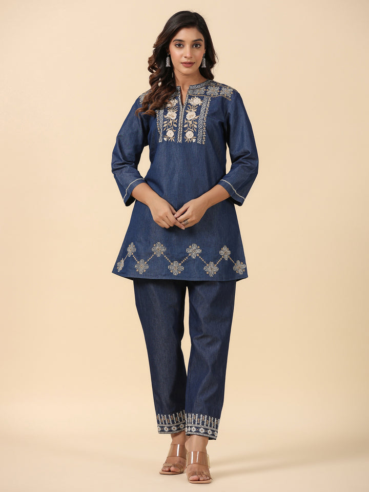 Denim Blue Embroidered Co-Ord Set