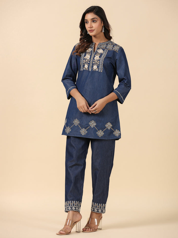 Denim Blue Embroidered Co-Ord Set