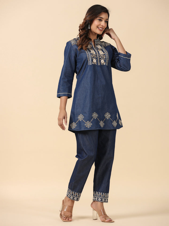 Denim Blue Embroidered Co-Ord Set