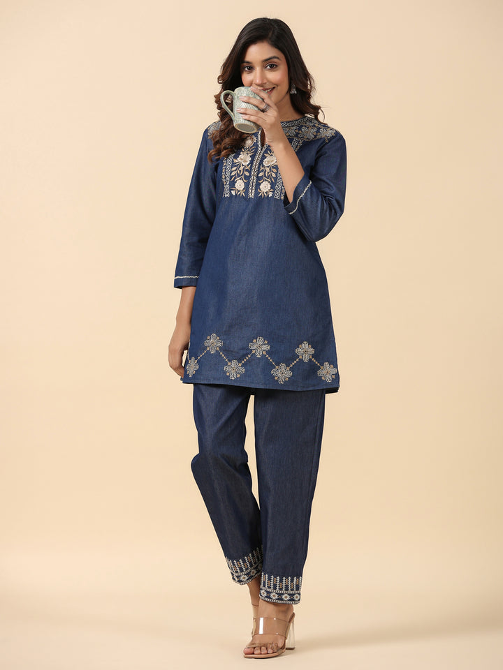 Denim Blue Embroidered Co-Ord Set