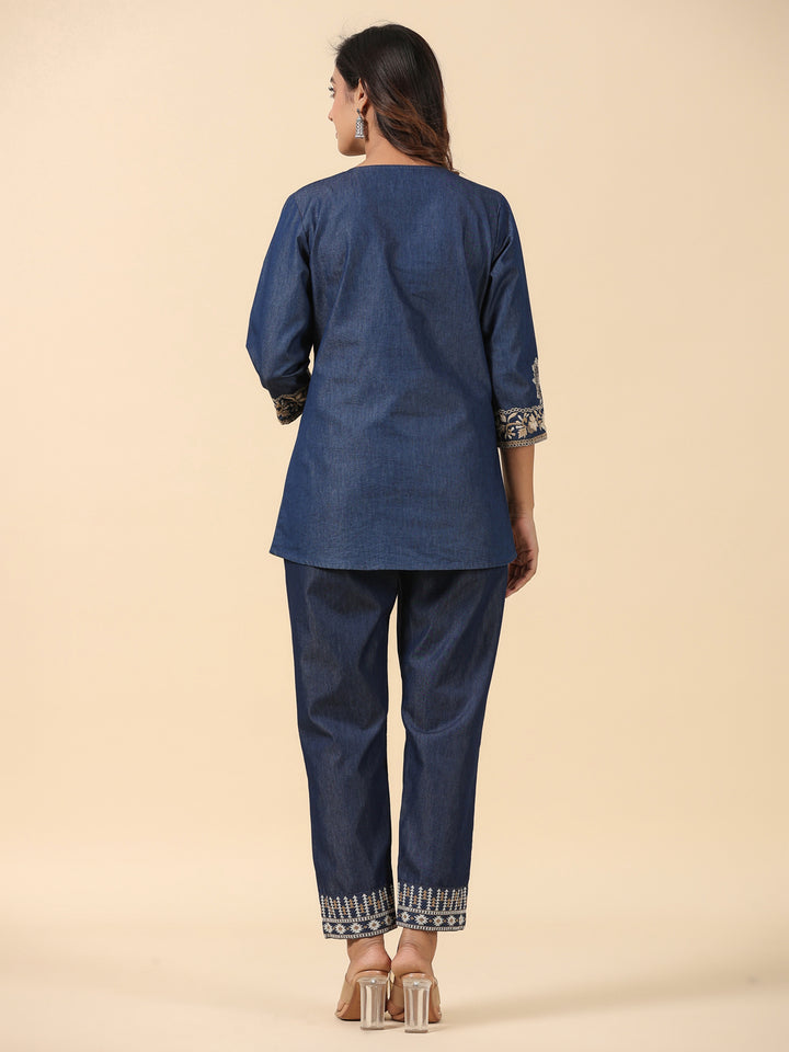 Denim Dark Blue Embroidered Round Neck Top