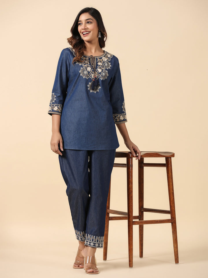Denim Dark Blue Embroidered Round Neck Top