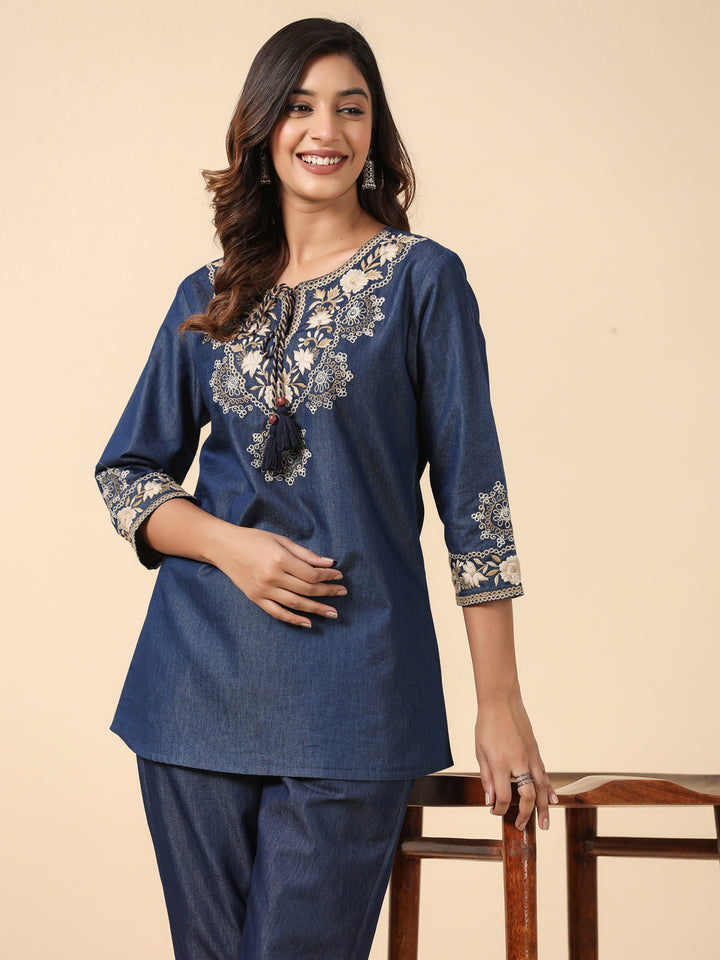 Denim Dark Blue Embroidered Round Neck Top